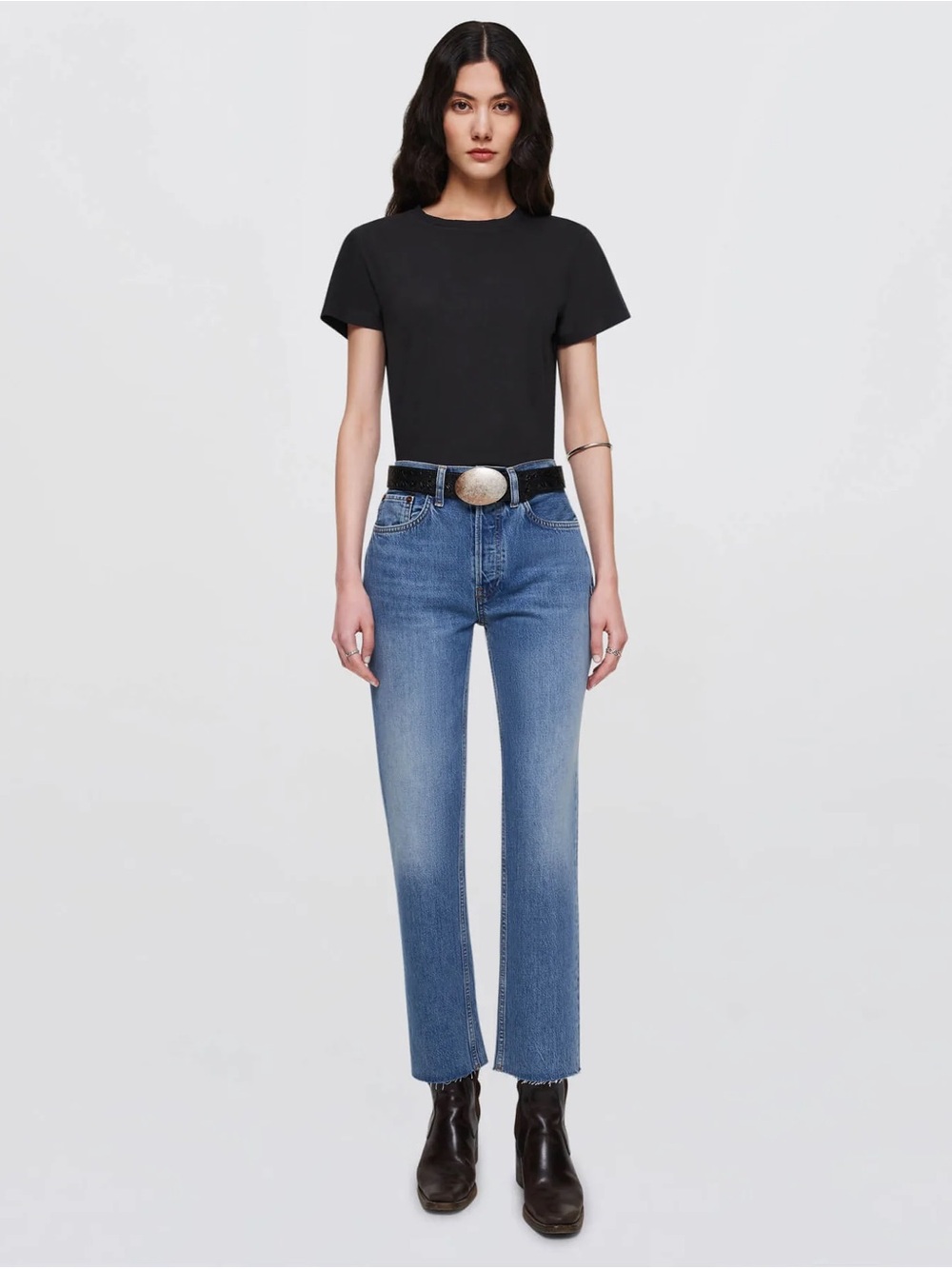 Re/Done The 70s High Rise Stove Pipe Straight Leg Cropped Jeans Raw Hem Size 29